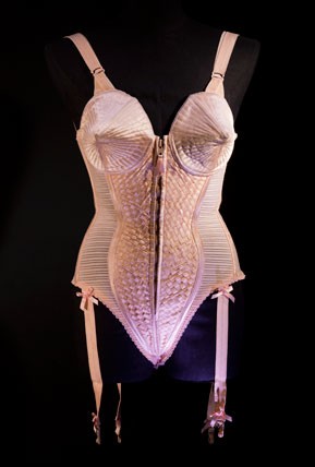 Jean Paul Gaultier (French, b. 1952). Corset-style body suit with garters, 1990, Duchess satin. Worn by Madonna during the &ldquo;Metropolis&rdquo; (&ldquo;Express Yourself&rdquo;) sequence of the Blond Ambition World Tour (1990). Collection of Madonna, New York. (Photo: The Montreal Museum of Fine Arts, Christine Guest)
