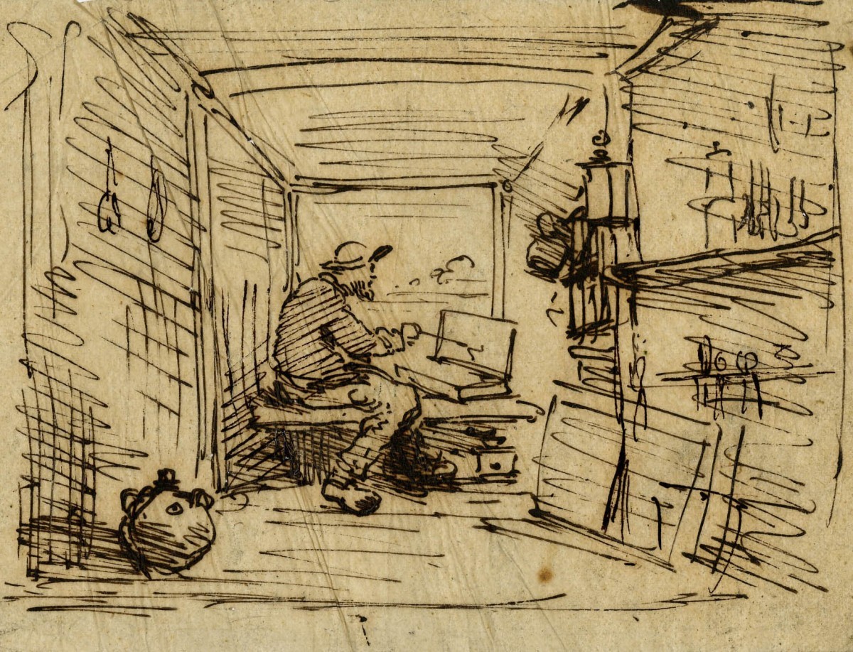 MDNY 2015 Jill Newhouse shows Charles Francois Daubigny 1817-78 La Beateau Atelier Studio on the Boat pen ink pencil