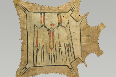 Robe (detail), ca. 1700&ndash;40. Eastern Plains artist; probably Illinois, Mid&ndash;Mississippi River Basin. Native-tanned leather, pigment. Mus&eacute;e du quai Branly, Paris, France (71.1878.32.134)
